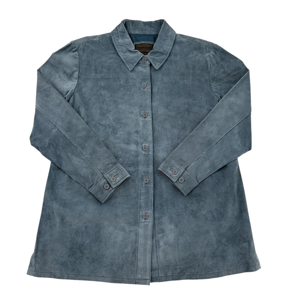 Brandon Thomas Blue Suede Leather Jacket Button Front Mid Length Coat Womens 1X